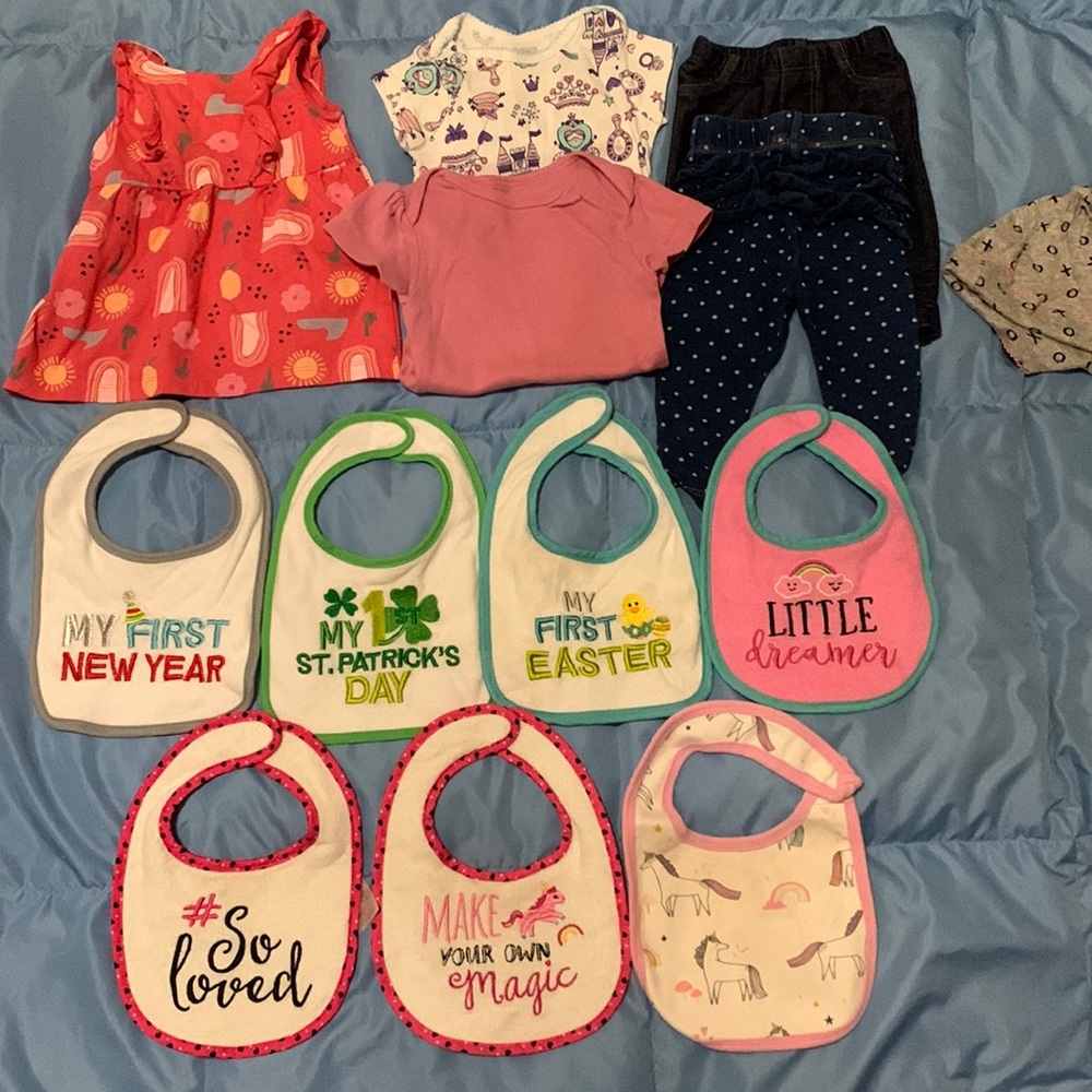 Baby girl sz 3-6 mos pants, onesies, & assortment of bibs. First Easter New year